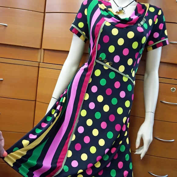 PARTY DOTTED DRESS COLORFUL STRETCH EUROPEAN - Picture 1 of 8